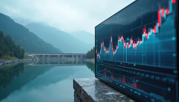 Digital graph overlay monitors serene landscape with mountains, reflective body of water. Screen displays financial data, stock trends, or climate statistics, showing growth, forecasting insights.