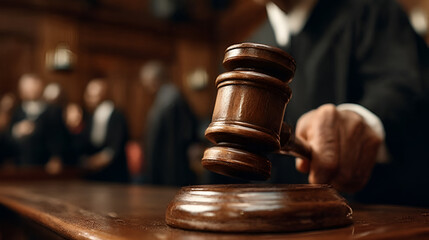 Judge slams gavel, signifying justice and legal proceedings in traditional courtroom setting, delivering final verdict. Ai Generated Images