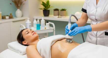 Woman receiving body contouring cavitation in spa clinic for body shaping and cellulite reduction, beauty and figure correction concept