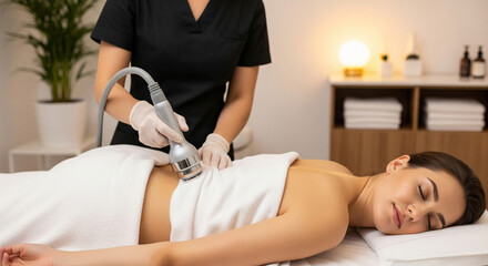Woman receiving body contouring cavitation in spa clinic for body shaping and cellulite reduction, beauty and figure correction concept