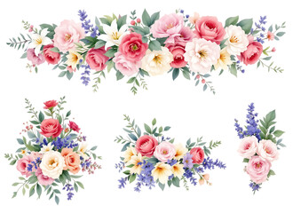 Mixed floral arrangements with roses and lavender, isolated on a transparent background.