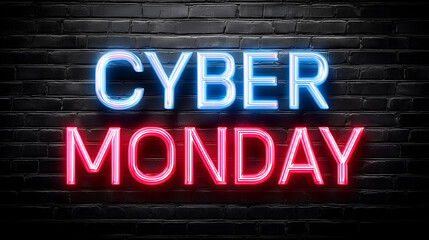 Catch massive savings this Cyber Monday with vibrant neon lights glowing against a dark brick wall, creating an exciting shopping atmosphere. Ai Generated Images