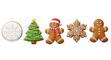 A collection of festive christmas cookies including a snowflake gingerbread man and decorated tree isolated on transparent background