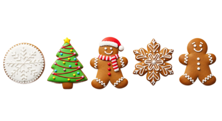 A collection of festive christmas cookies including a snowflake gingerbread man and decorated tree isolated on transparent background