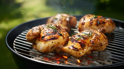 Juicy seasoned chicken halves sizzling and smoking on a hot charcoal grill with rosemary garnish, perfect for summer backyard parties and delicious outdoor dining experiences. Ai Generated Images