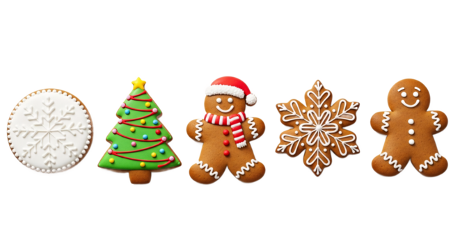 A collection of festive christmas cookies including a snowflake gingerbread man and decorated tree isolated on transparent background