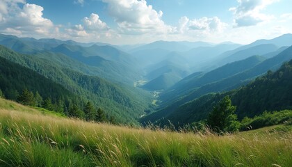 Obraz premium Expansive mountain range with green valley under clear blue sky. Rolling hills covered in dense forests stretch into distance. Tall grasses in foreground sway gently, framing serene natural landscape