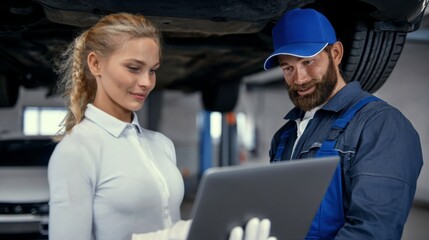 Mechanic advises client on car issues auto repair shop image of interaction indoor environment close-up view customer service focus