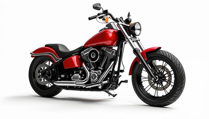 Shiny red custom chopper motorcycle gleams against crisp white background. Powerful bike features intricate chrome details, classic V-twin engine, robust tires. Sleek design evokes sense of freedom,