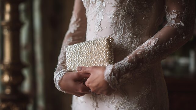 Elegant woman in a lace bridal gown holding a pearl-embellished clutch in a softly lit setting. - Powered by Adobe