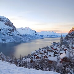 Fototapeta premium Serene winter village nestled beside a frozen fjord under a beautiful sky