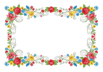 Ornate rectangular floral border with roses, small flowers, and decorative swirls isolated on transparent background