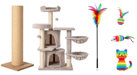 A tall beige cat scratching post and a multi level cat tree with baskets and platforms surrounded by colorful cat toys isolated on transparent background