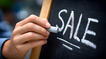 Hand writes "SALE" on a chalkboard with chalk, announcing promotions and discounts for shoppers seeking deals and savings. Ai Generated Images