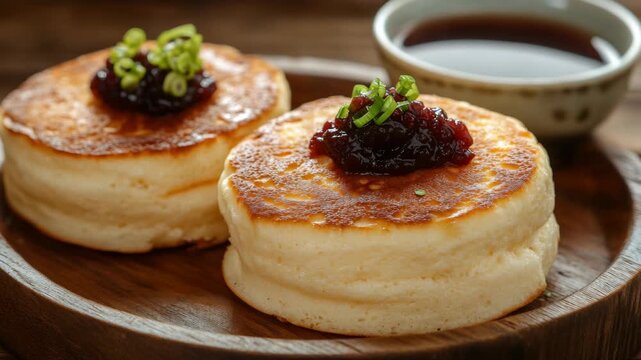 Three pancakes with berry compote and garnished with fresh herbs. Served with a small bowl of berry sauce for dipping. A delicious and healthy breakfast or brunch option.