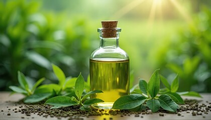 Glass bottle filled with green tea essential oil, surrounded by fresh tea leaves, scattered seeds. Sun rays filter through rich green foliage, creating serene, natural atmosphere. Perfect for