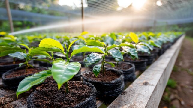 Nurturing young coffee plants in a bustling greenhouse nature setting close-up view sustainable farming concept - Powered by Adobe