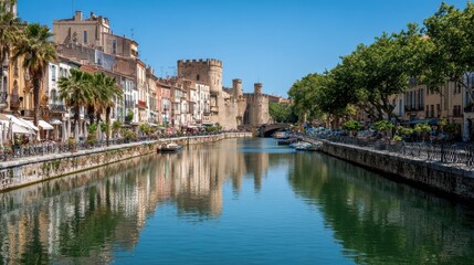 Fototapeta premium France Narbonne. Historic City with River, Bridge, and Old Architecture in Europe