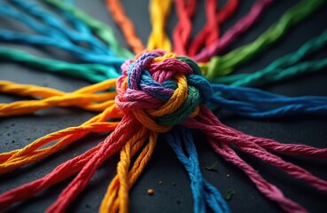 Vibrant, interwoven threads knotting together on dark surface, collaborative power, interconnectedness, shared human potential through diversity. Colorful strands represent unity, teamwork, community