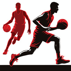 Basketball players silhouette running with ball