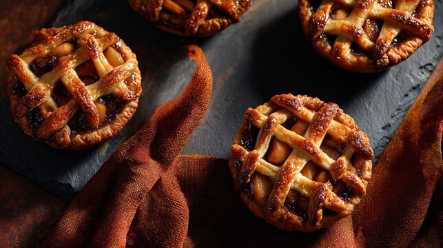 A caramel apple mini pies with lattice tops, overhead shot on slate with burnt orange napkin, moody shadows