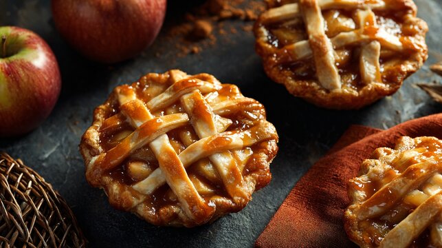 A caramel apple mini pies with lattice tops, overhead shot on slate with burnt orange napkin, moody shadows