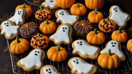 Assortment of cookies shaped like ghosts, bats, pumpkins, and spiders