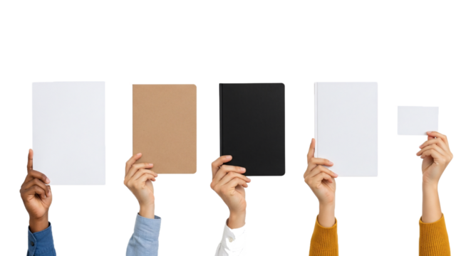 Diverse group of hands holding up blank white brown and black cards against a dark background isolated on transparent background