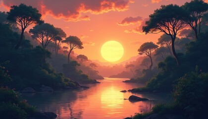 Obraz premium Illustration of serene jungle river at sunset. Rich trees line banks with mist creating depth. Vibrant orange sky reflects on calm water. Silhouettes of exotic trees and distant hills are visible.