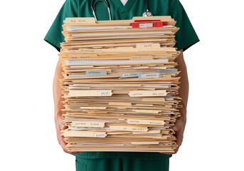 Healthcare professional wearing green scrubs holding a very large stack of medical patient files and records isolated on transparent background