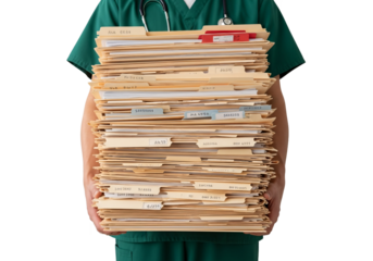 Healthcare professional wearing green scrubs holding a very large stack of medical patient files and records isolated on transparent background