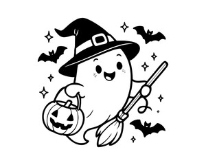 High quality cartoon ghost vector featuring a cute character in a witch hat, holding a broomstick and jack-o'-lantern bucket
