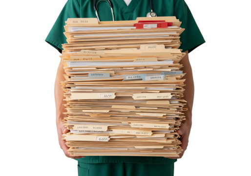Healthcare professional wearing green scrubs holding a very large stack of medical patient files and records isolated on transparent background