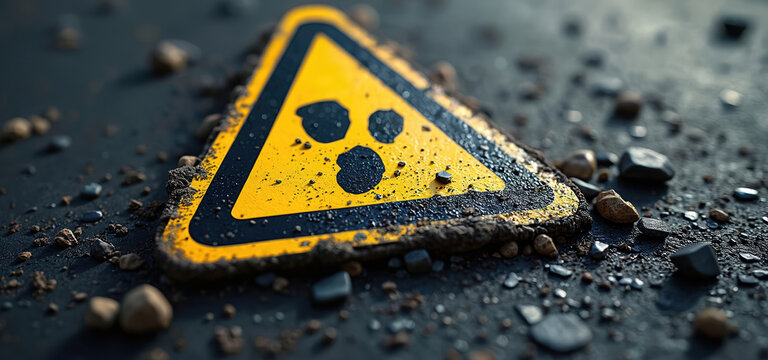Yellow triangular warning sign with black rock icons alerts to falling rocks danger. Placed on asphalt ground with scattered stones, debris. Safety, caution, hazard prevention in outdoor