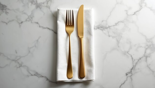 Elegant gold cutlery, fork and knife, arranged on white napkin atop marble table. Sophisticated place setting for fine dining experience, event, or celebration. Modern clean design.