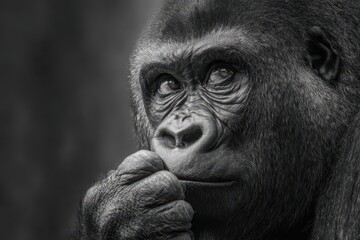 Obraz premium Gorilla Thinking. Black and White Animal Concentrating with Intense Eyes