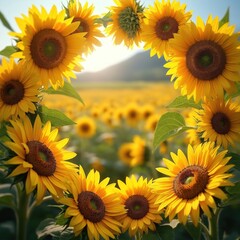 Fototapeta premium Close-up frame of vibrant sunflowers with yellow petals, blooming in a field under bright sunlight. The illustration captures a sunny day, representing summer joy and natural beauty.