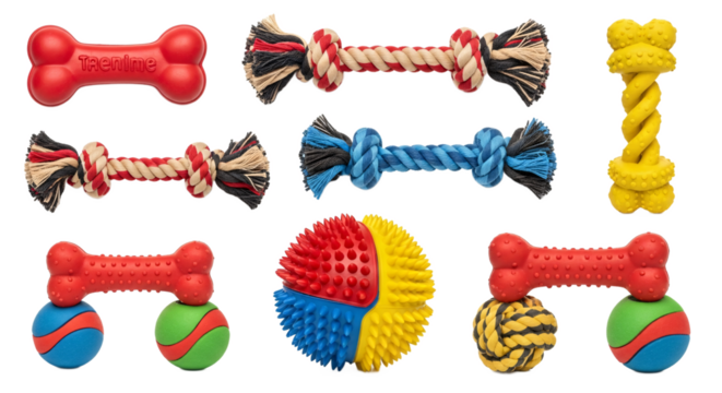 Collection of colorful dog toys including bone shapes rope twists and textured balls arranged on a transparent background isolated on transparent background