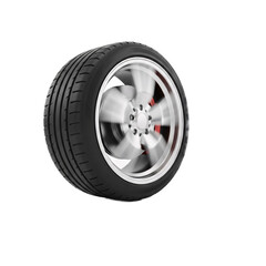 Close up of a shiny chrome alloy car wheel with a black tire and red brake caliper detail isolated on transparent background