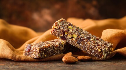 A fig and pistachio bars in diagonal layout, rust backdrop with mustard-toned cloth, soft bokeh