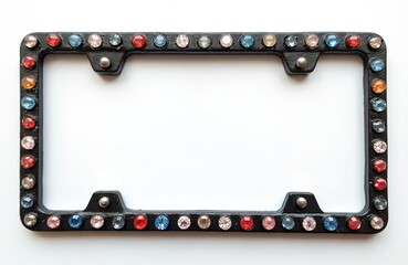 Black license plate frame adorned with colorful rhinestones. Durable metal accessory features embedded gems adding sparkle, style. Perfect for personalizing cars, trucks, SUVs, offering touch of