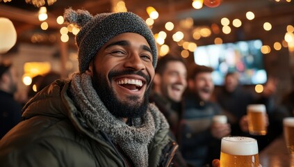 A happy man laughs heartily while enjoying a beer with friends at a cozy, festive pub