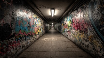 Graffiti Tunnel: Urban Underpass with Colorful Graffiti Art on Grunge Walls © Vlad