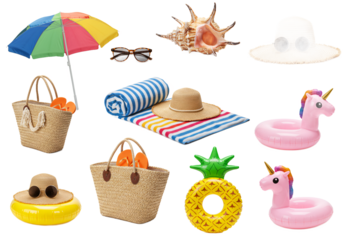 Collection of summer beach vacation accessories including beach bags towels hats sunglasses seashell and inflatable toys isolated on transparent background