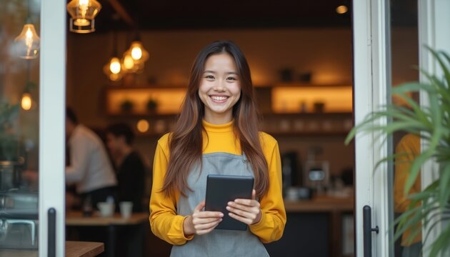 Young Asian barista with tablet offers excellent customer service in modern cafe. Smiling woman in apron provides friendly hospitality. Cheerful, pro staff interaction in vibrant, welcoming eatery.