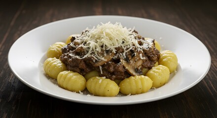 Gnocchi with Mushroom Sauce and Cheese on White Plate on Wood