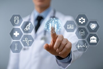 Doctor interacting with futuristic medical technology interface displaying health icons.
