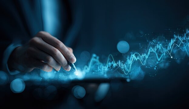 Businessman using a stylus on a tablet to analyze a glowing digital stock market graph.