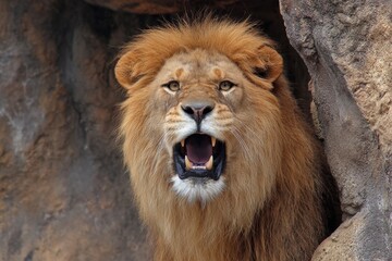 Obraz premium Growling Lion. Majestic African King of the Wild with Fierce Mane