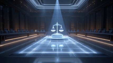 Futuristic courtroom featuring a holographic scale of justice in a high-tech legal environment
